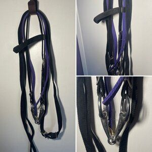 Pony Nylon Headstall and Reins, Black and Purple